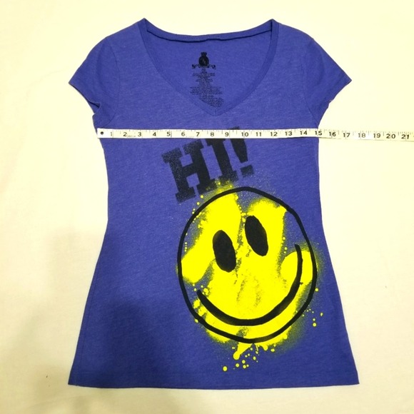 SMILEY Hi! BYE! T-shirt Womens Juniors M/M 7/9 Cap Sleeve Tee Blue - Picture 3 of 8